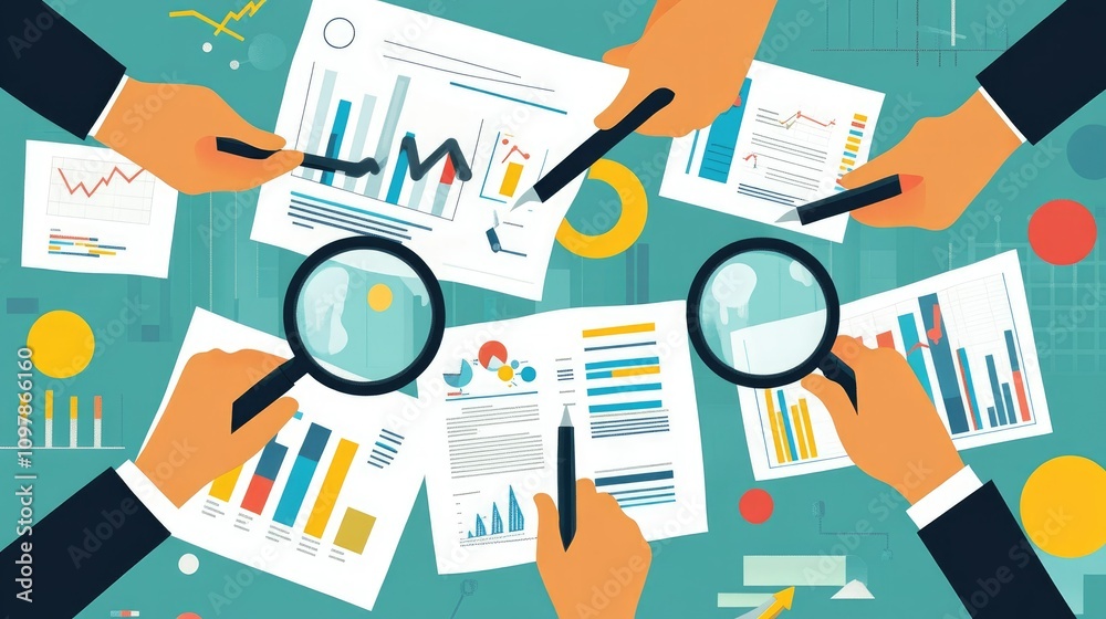 Obraz premium A modern flat illustration of market research, featuring people using magnifying glasses, charts, and reports in vibrant and clean vector visuals
