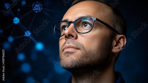Obraz na płótnie Intellectual man with glasses and a thoughtful expression gazing upward against a blue backdrop representing knowledge curiosity and academic pursuit