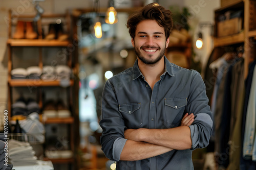 handsome young man standing and smiling at camera in boutique