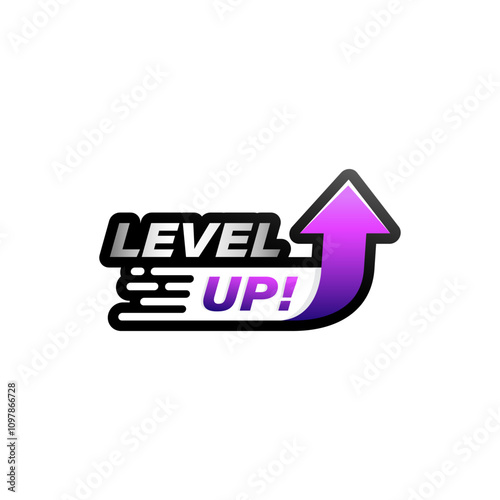 Modern level up text with purple gradient arrow and silver gradient isolated on white background.  Design for logo, icon, game, business, achievement, level up, celebrating. Vector illustration.