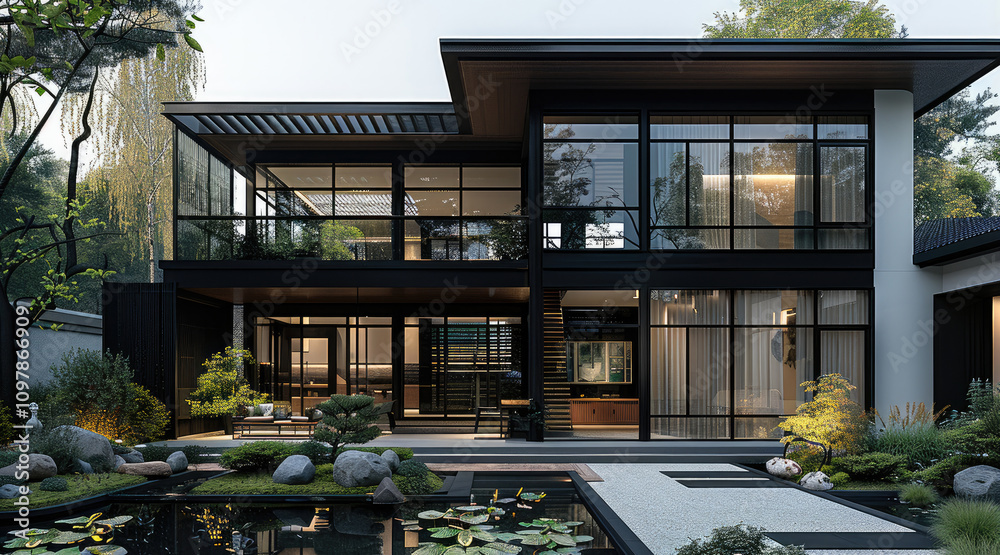 Modern two-story villa with a Chinese-inspired style, featuring black ...