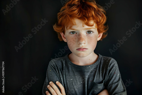 portrait of adorable redhead boy with crossed arms looking at camera isolated on black
