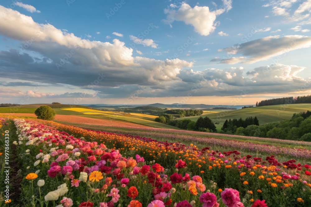 Vibrant Flower Field Blooms Under a Dramatic Sky in a Serene Landscape. Generative AI Vibrant Flower Field Blooms Under a Dramatic Sky in a Serene Landscape. Generative AI