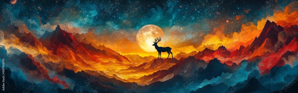 Fototapeta premium Deer Silhouette Against Colorful Mountains and Starry Night Sky