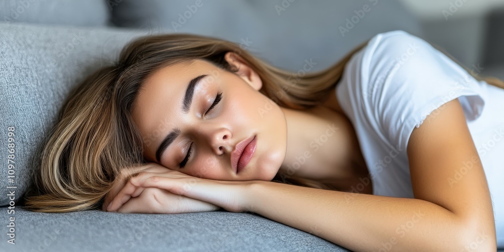 Young woman resting peacefully on a sofa in a cozy setting Young woman resting peacefully on a sofa in a cozy setting