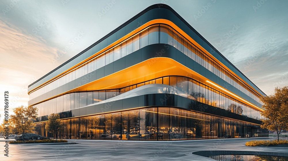 Fototapeta premium Modern glass office building at sunset.