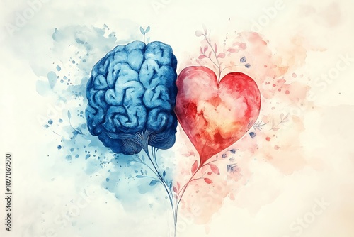 A watercolor illustration of a brain and heart side by side, symbolizing the balance between logic and emotion, with blue and red colors blending softly in a harmonious composition