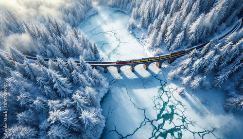 Aerial view of a snowy forest, frozen lake, and vibrant train crossing a bridge.

 photo