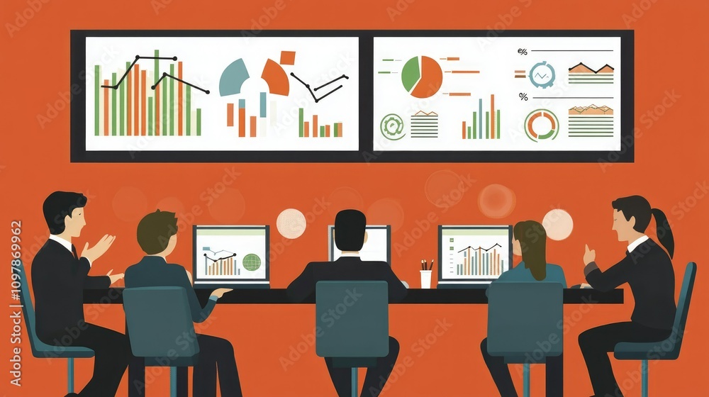 Vector banner with modern flat design featuring a business meeting where participants analyze growth charts and performance metrics in a tech-savvy environment Vector banner with modern flat design featuring a business meeting where participants analyze growth charts and performance metrics in a tech-savvy environment