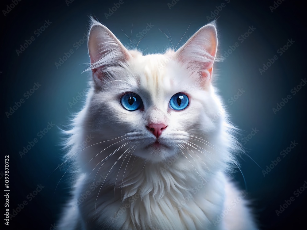 Ethereal Portrait of a Luminous White Cat with Piercing Eyes and Soft Fur in Dramatic Studio Lighting, Showcasing Feline Grace Against a Minimalist Backdrop Ethereal Portrait of a Luminous White Cat with Piercing Eyes and Soft Fur in Dramatic Studio Lighting, Showcasing Feline Grace Against a Minimalist Backdrop