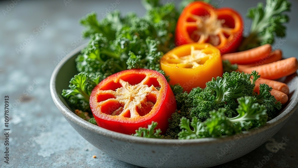 Fresh vibrant salad with bell peppers, kale, and carrots in a bowl Fresh vibrant salad with bell peppers, kale, and carrots in a bowl
