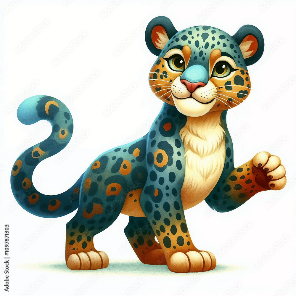 Naklejka premium Colorful artistic representation of a panther with intricate patterns in a vibrant, cartoon style on white background. AI