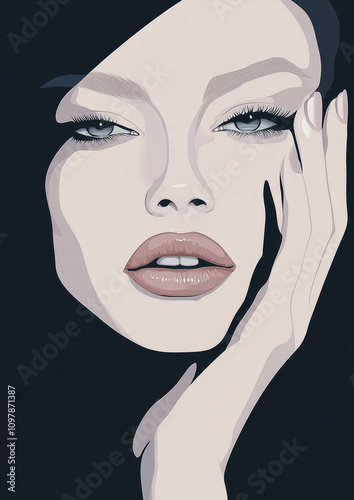 Artistic stylized illustration of a woman’s face with bold makeup and soft color tones emphasizing elegance and modern art style