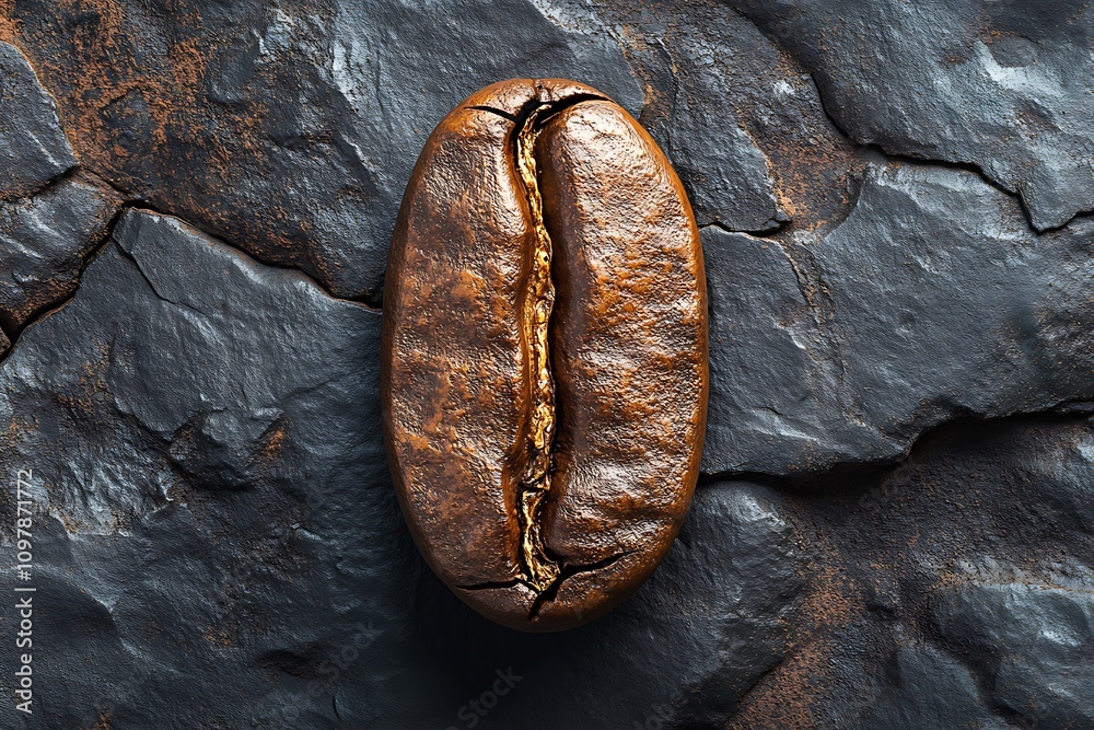 Naklejka premium A single roasted coffee bean on a dark slate background.