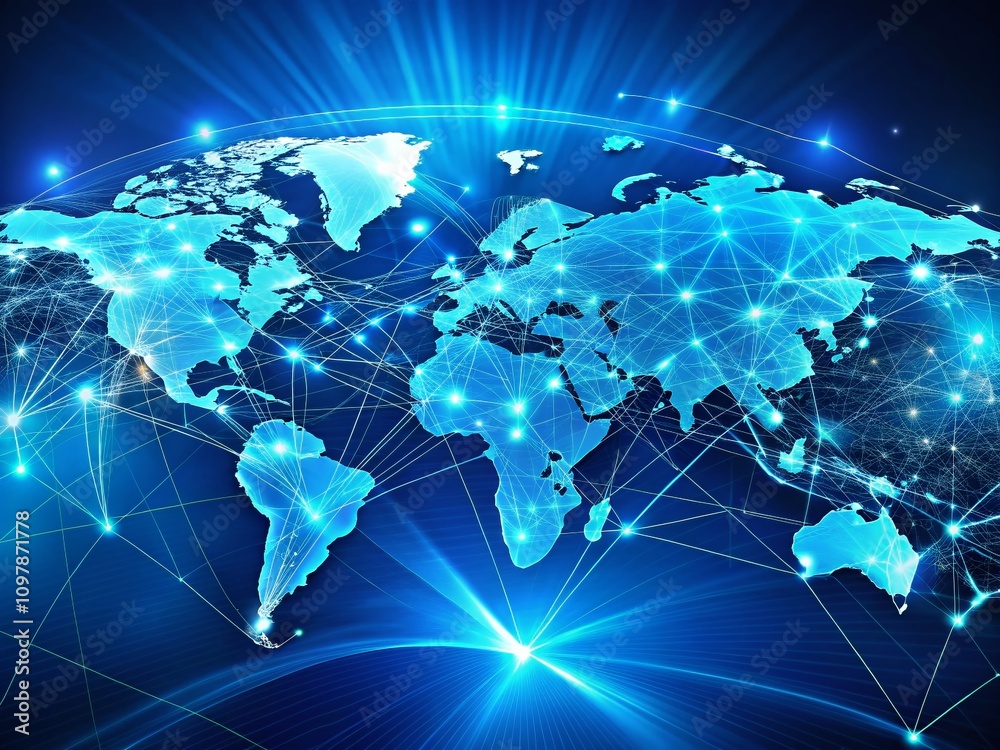 Explore the Intricacies of a Digital World Map Hologram Against a Striking Blue Background, Highlighting Global Connectivity and the Future of Technology Explore the Intricacies of a Digital World Map Hologram Against a Striking Blue Background, Highlighting Global Connectivity and the Future of Technology