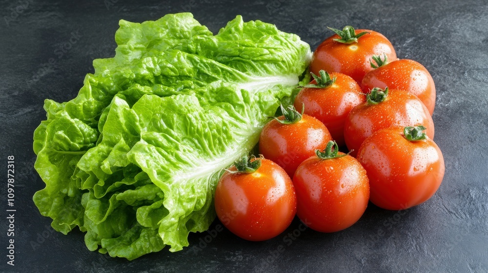 Fresh tomatoes and crisp lettuce arranged on a dark countertop Fresh tomatoes and crisp lettuce arranged on a dark countertop