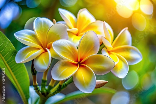 Close-Up of Stunning Yellow and White Plumeria Flower in Bloom - Nature's Tropical Beauty, Exotic Flora, Floral Photography, Macro Detail, Vibrant Colors, Botanical Art, Summer Vibes