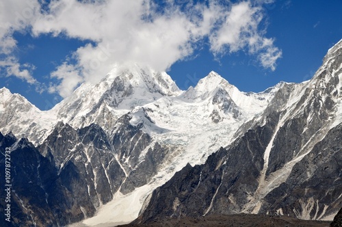 Snow covered mountains in Nepal Himalayas