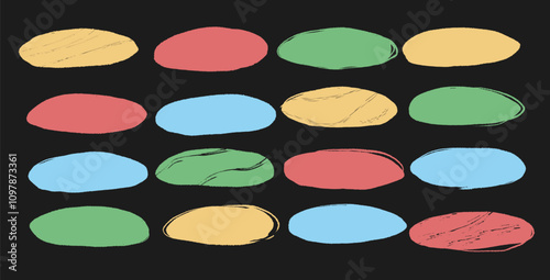 Ellipse shapes. Crayon oval frames set. Hand drawn oval border for quotation collection. Circular freehand mark. Grunge scribble pack. Vector illustration isolated on dark background.