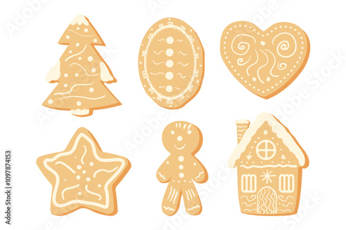 Christmas gingerbread cookies set. Homemade star, Christmas tree and gingerbread man with house sweets collection. Festive frosted baking. Vector illustration isolated on white background.