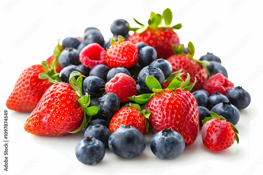 piles of strawberries and blueberries isolated on white piles of strawberries and blueberries isolated on white