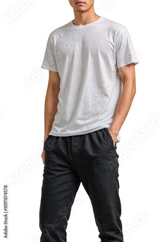 A man wearing a white t-shirt and black pants. photo