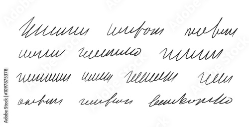 Handwritten ink stroke. Scribble fictional letter. Abstract freehand text note isolated on white background. Illegible cursive script message. Vector hand drawn illustration.