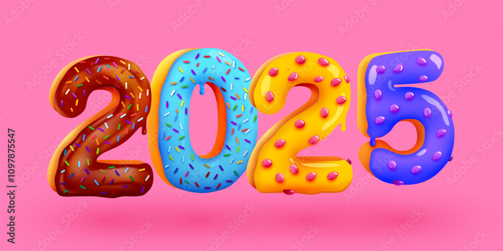Fototapeta premium Tasty Greeting Card Happy New Year 2025. Colorful glazed Sweet numbers. Greeting Card, Banner, Poster.