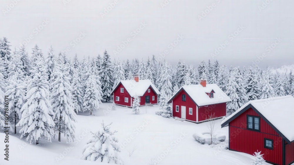 Fototapeta premium Charming Winter Village: Cozy Red Homes Nestled in Snowy Forest, Perfect for Holiday Greetings or Winter Wonderland Themes