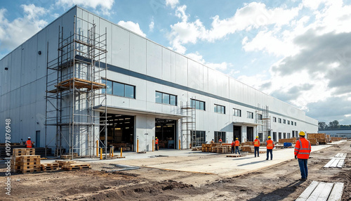 A nearly finished factory building with workers completing final construction touches.

