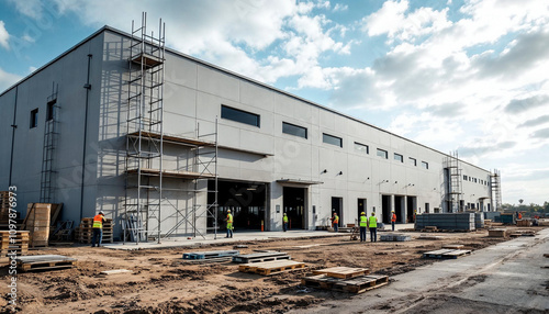 A nearly finished factory building with workers completing final construction touches.

