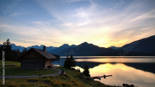 Serene Lakeside Cabin Sunset: Perfect for Relaxation, Photography, and Nature Lovers photo