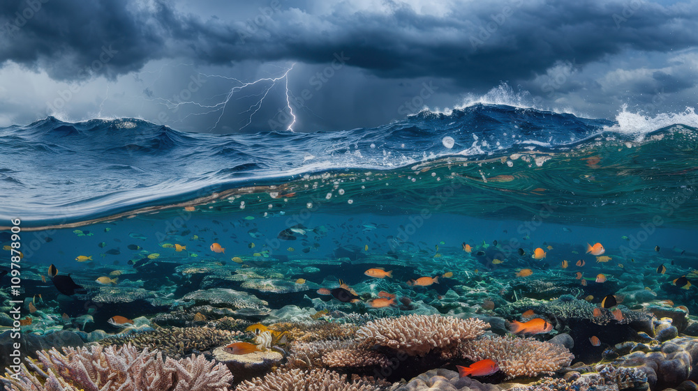 A vibrant underwater scene showcases colorful fish swimming above thriving coral reefs, set against a dramatic stormy sky with visible lightning. A vibrant underwater scene showcases colorful fish swimming above thriving coral reefs, set against a dramatic stormy sky with visible lightning.