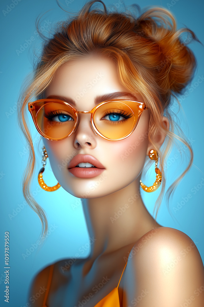 A woman with orange glasses and gold earrings is smiling A woman with orange glasses and gold earrings is smiling