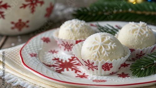 Snowflake-decorated coconut beijinho sweets on a festive plate photo