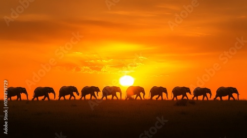 A majestic herd of elephants walks across the horizon during a stunning sunset on the African savanna. The vibrant orange and golden hues create a serene and breathtaking landscape.. AI Generation