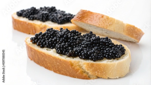 Sandwich with black caviar isolated on white background. Caviar on toast. Caviar on bread. Clipping path. Macro food photo