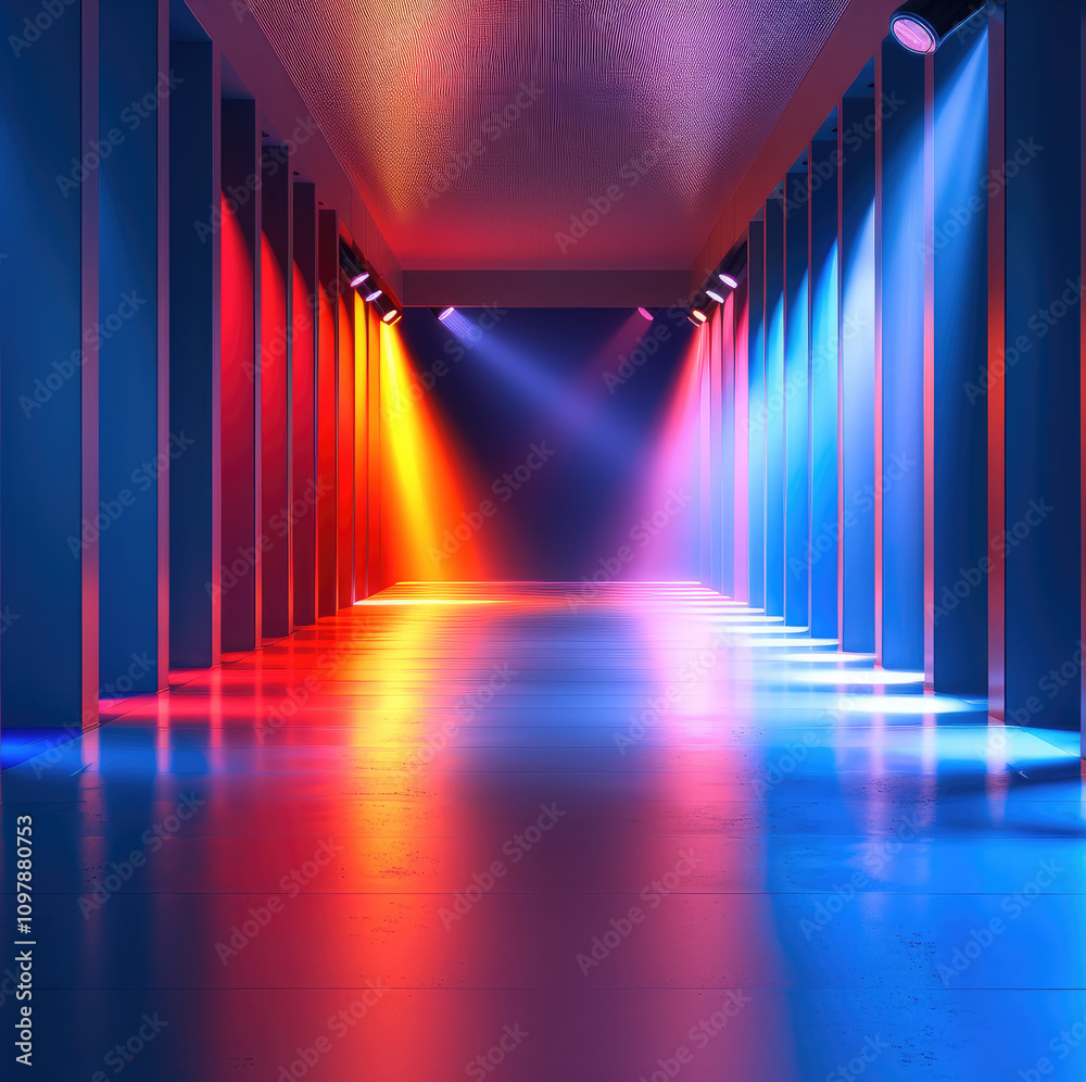 Fototapeta premium A dynamic lighting sequence that transitions from tranquil warm amber and soft cool blue hues to bold, invigorating reds, oranges, and vibrant blues.