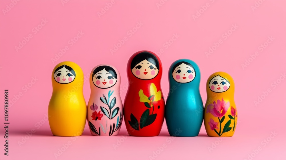 Obraz premium Matryoshka dolls in vibrant colors with intricate floral designs isolated on a pastel pink background