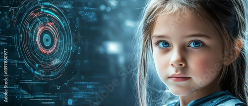 Profile of a young girl with vibrant cybernetic patterns blending with digital nodes symbolizing futuristic innovation and youth in technology