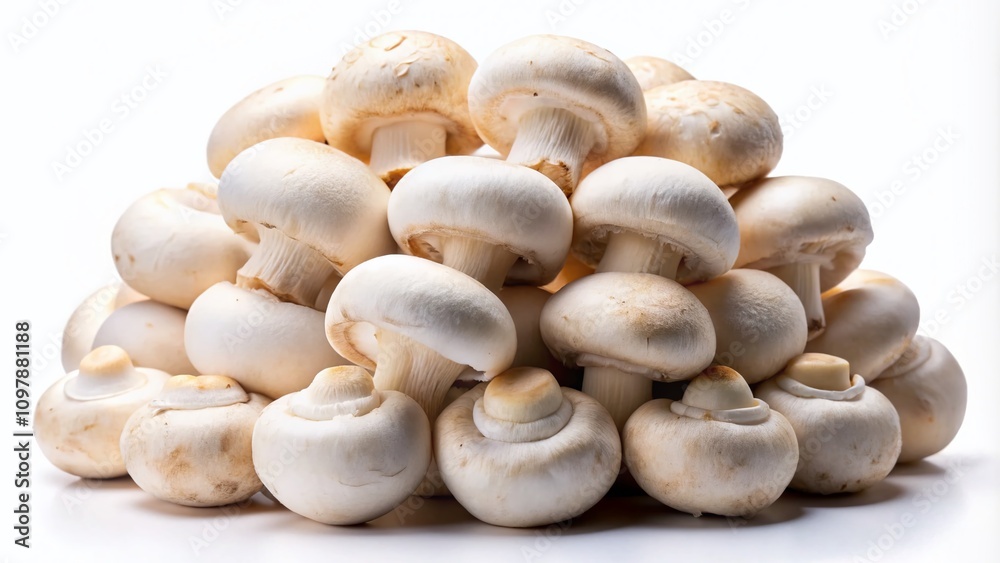 Fresh White Button Mushrooms Stacked on White Background - Macro Photography of Raw Edible Fungi for Culinary and Food Photography Concepts Fresh White Button Mushrooms Stacked on White Background - Macro Photography of Raw Edible Fungi for Culinary and Food Photography Concepts