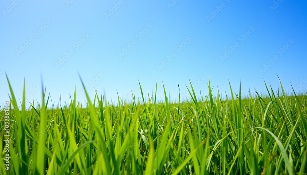 Obraz premium green grass on blue sky background