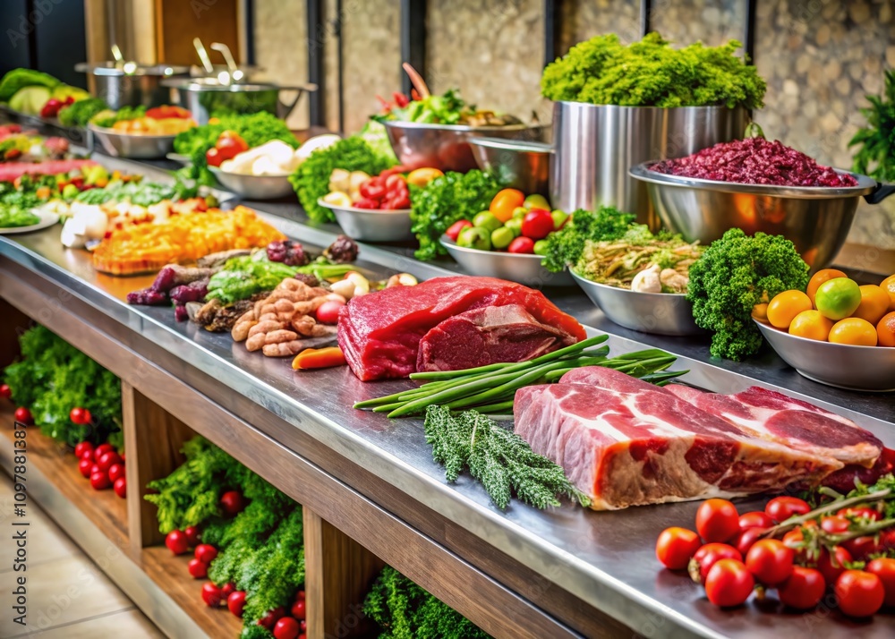 Freshly Cut Raw Meat Displayed on a Food Service Counter with Colorful Garnishes and Ingredients Ready for Culinary Preparation, Showcasing Quality and Freshness for Culinary Enthusiasts