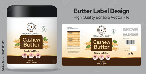 Cashew Butter Label Design with Natural and Stylish Elements Premium Elegant Food Packaging Jar Mockup Vector Illustration for Gourmet Products editable template