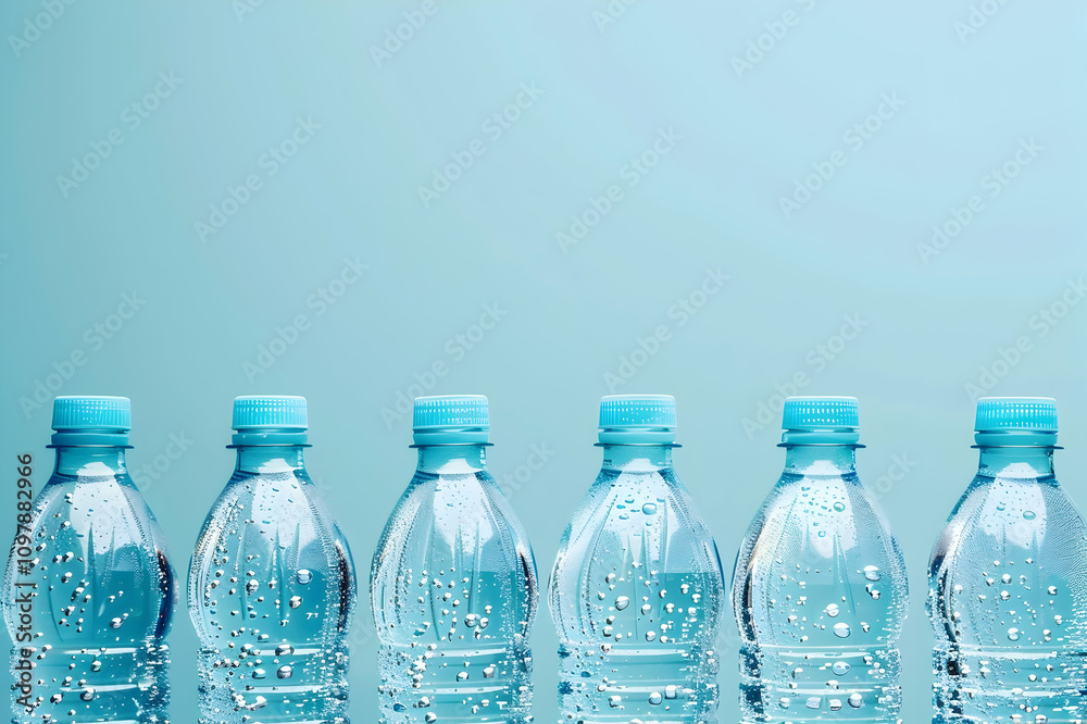 close up of plastic water bottles with bubbles in row on blue background with copy space close up of plastic water bottles with bubbles in row on blue background with copy space