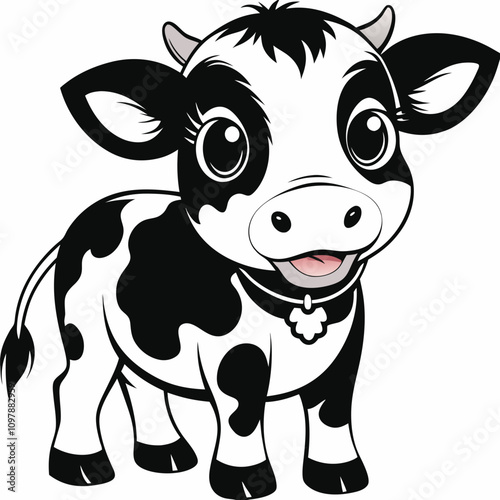 Smiling cartoon cow in black and white photo