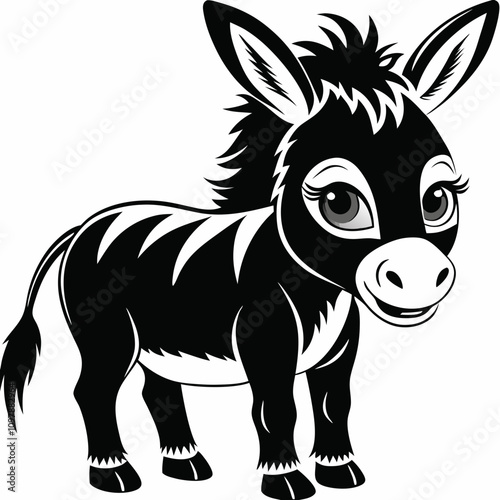 Cartoon donkey in black and white with cute expression