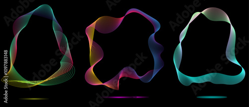 Technology concept set of colorful creative circles round curve shape with wavy dynamic lines isolated on a black background. Round circle line blend with different tone neon color.	
