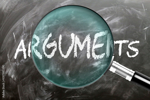 Arguments - learn, study and inspect it. Taking a closer look at arguments. A magnifying glass enlarging word 'arguments' written on a blackboard ,3d illustration