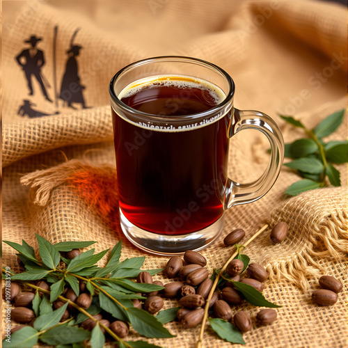 Typical Argentine mate on burlap fabric with details of gaucho guards. Traditional argentinian beverage. photo